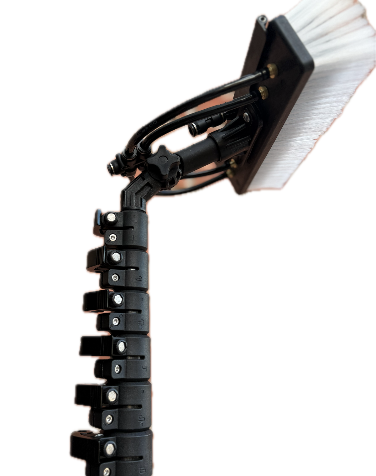 30 ft carbon fiber water-fed pole with section clamps, shown with brush attached
